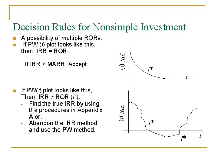 Decision Rules for Nonsimple Investment n n If IRR > MARR, Accept n PW Decision Rules for Nonsimple Investment n n If IRR > MARR, Accept n PW