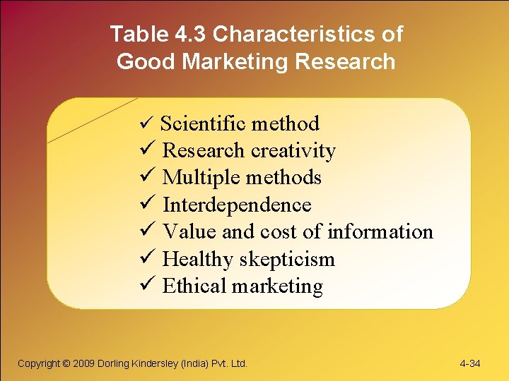 Table 4. 3 Characteristics of Good Marketing Research ü Scientific method ü Research creativity Table 4. 3 Characteristics of Good Marketing Research ü Scientific method ü Research creativity
