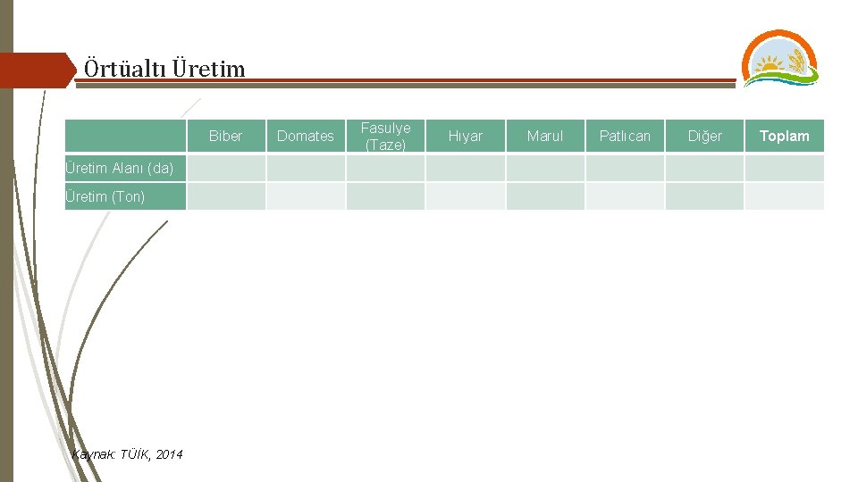 Örtüaltı Üretim Biber Üretim Alanı (da) Üretim (Ton) Kaynak: TÜİK, 2014 Domates Fasulye (Taze)