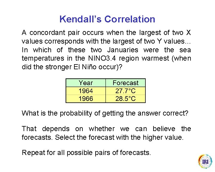 Kendall’s Correlation A concordant pair occurs when the largest of two X values corresponds