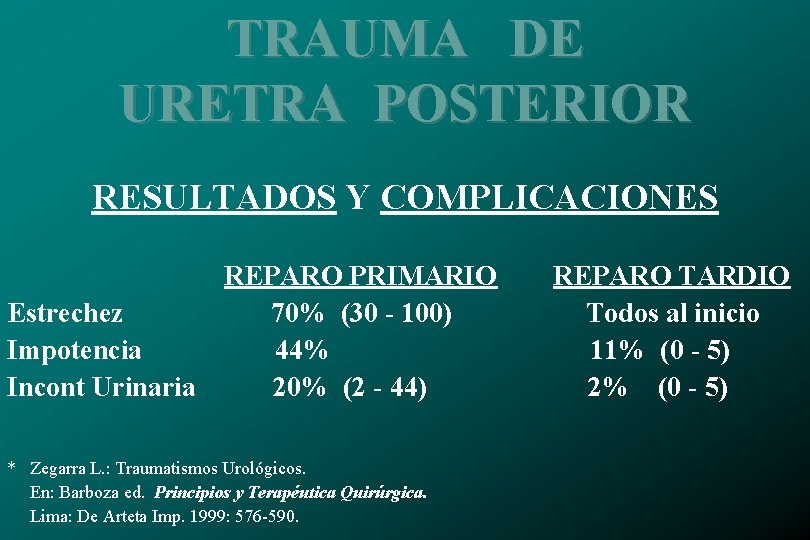 TRAUMA DE URETRA POSTERIOR RESULTADOS Y COMPLICACIONES Estrechez Impotencia Incont Urinaria REPARO PRIMARIO 70%