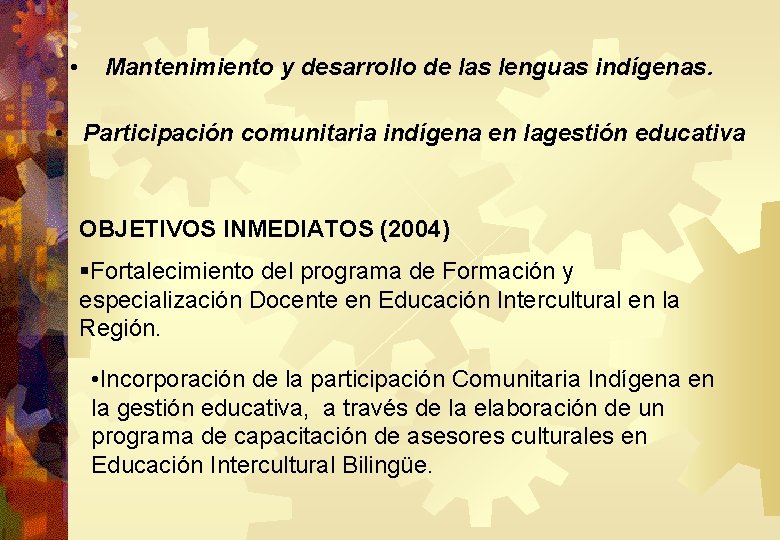  • Mantenimiento y desarrollo de las lenguas indígenas. • Participación comunitaria indígena en