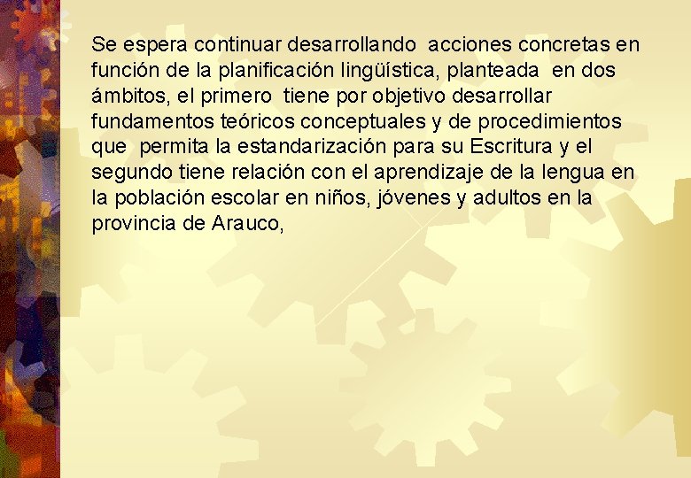 Se espera continuar desarrollando acciones concretas en función de la planificación lingüística, planteada en