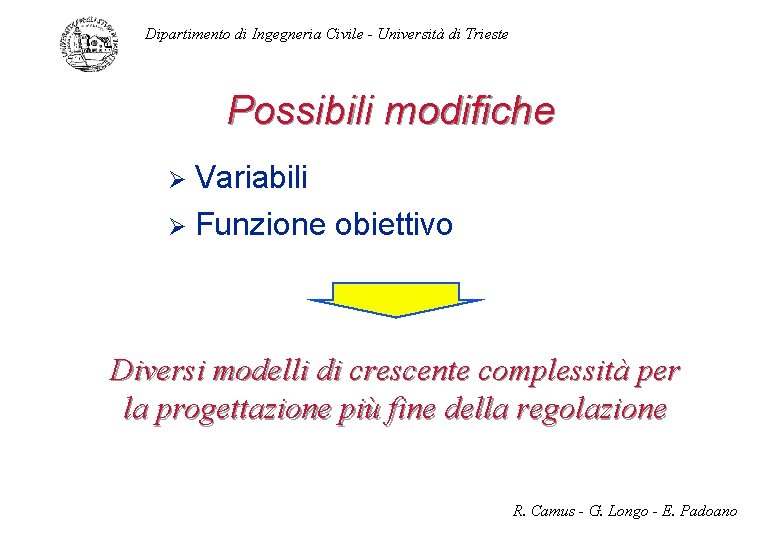 Dipartimento di Ingegneria Civile - Università di Trieste Possibili modifiche Variabili Ø Funzione obiettivo