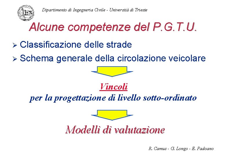 Dipartimento di Ingegneria Civile - Università di Trieste Alcune competenze del P. G. T.