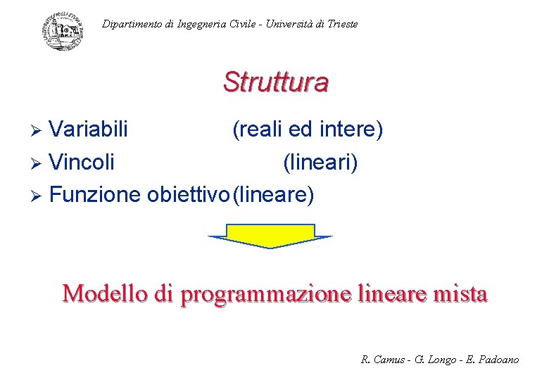 Dipartimento di Ingegneria Civile - Università di Trieste Struttura Variabili (reali ed intere) Ø