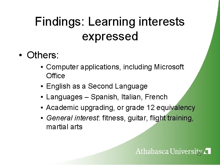 Findings: Learning interests expressed • Others: • Computer applications, including Microsoft Office • English