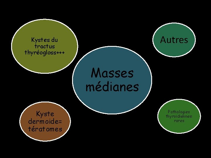 Autres Kystes du tractus thyréogloss+++ Masses médianes Kyste dermoide= tératomes Pathologies thyroïdiennes: rares Autres Kystes du tractus thyréogloss+++ Masses médianes Kyste dermoide= tératomes Pathologies thyroïdiennes: rares
