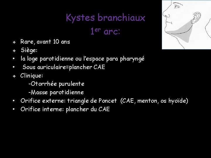 Kystes branchiaux 1 er arc: v v • • Rare, avant 10 ans Siège: Kystes branchiaux 1 er arc: v v • • Rare, avant 10 ans Siège: