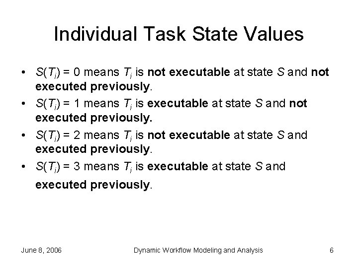 Individual Task State Values • S(Ti) = 0 means Ti is not executable at