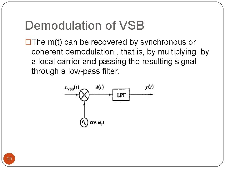 Demodulation of VSB �The m(t) can be recovered by synchronous or coherent demodulation ,