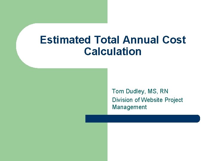 Estimated Total Annual Cost Calculation Tom Dudley, MS, RN Division of Website Project Management