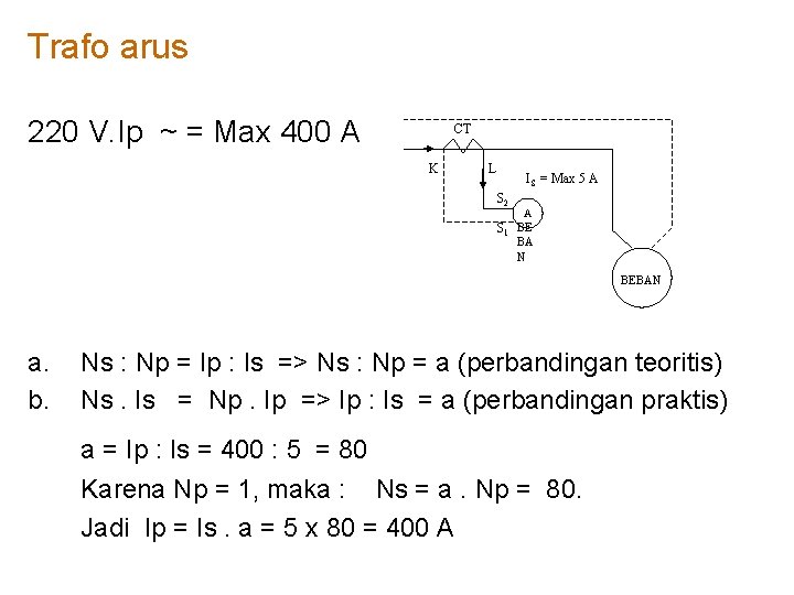 Trafo arus 220 V. Ip ~ = Max 400 A CT K L IS