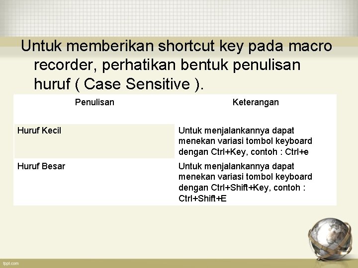 Untuk memberikan shortcut key pada macro recorder, perhatikan bentuk penulisan huruf ( Case Sensitive
