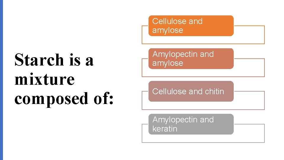 Cellulose and amylose Starch is a mixture composed of: Amylopectin and amylose Cellulose and