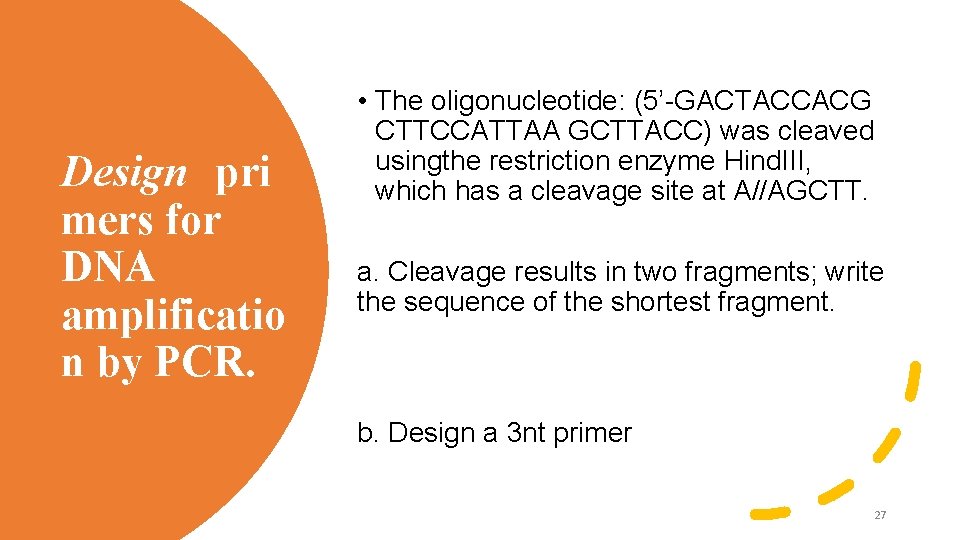 Design pri mers for DNA amplificatio n by PCR. • The oligonucleotide: (5’-GACTACCACG CTTCCATTAA
