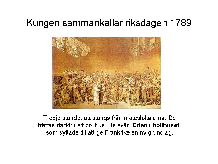 Kungen sammankallar riksdagen 1789 Tredje ståndet utestängs från möteslokalerna. De träffas därför i ett