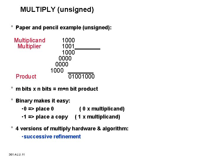 MULTIPLY (unsigned) ° Paper and pencil example (unsigned): Multiplicand Multiplier Product 1000 1001 1000