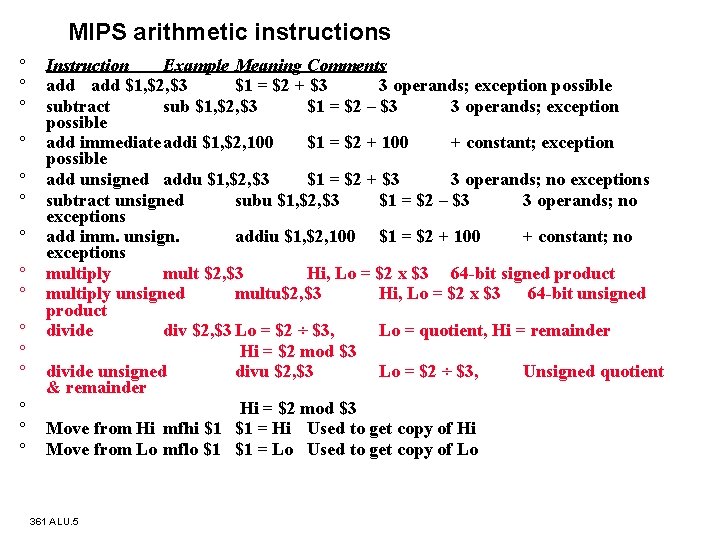 MIPS arithmetic instructions ° ° ° ° Instruction Example Meaning Comments add $1, $2,