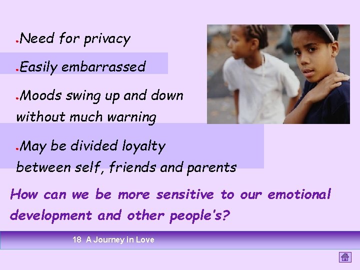 ● Need for privacy ● Easily embarrassed ● Moods swing up and down without ● Need for privacy ● Easily embarrassed ● Moods swing up and down without