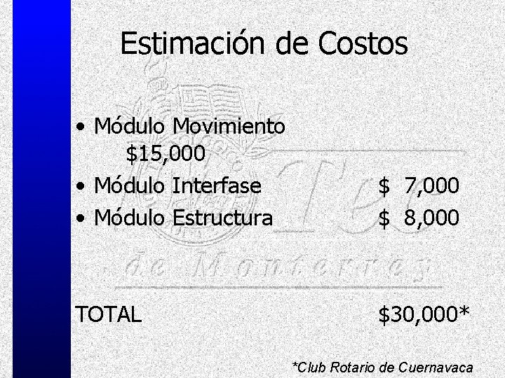 Estimación de Costos • Módulo Movimiento $15, 000 • Módulo Interfase • Módulo Estructura