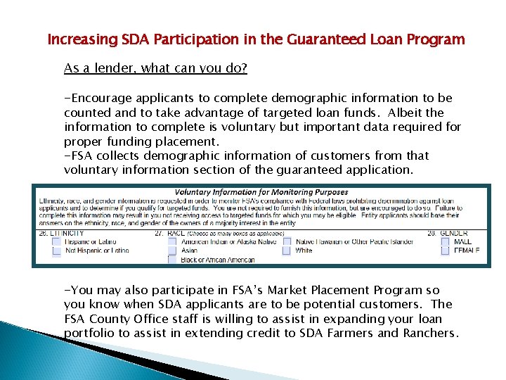 Increasing SDA Participation in the Guaranteed Loan Program As a lender, what can you