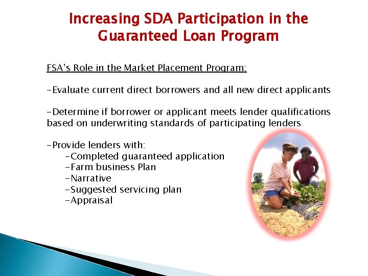 Increasing SDA Participation in the Guaranteed Loan Program FSA’s Role in the Market Placement
