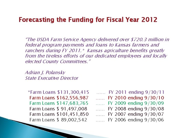 Forecasting the Funding for Fiscal Year 2012 “The USDA Farm Service Agency delivered over