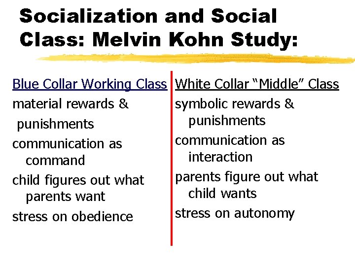 Socialization and Social Class: Melvin Kohn Study: Blue Collar Working Class material rewards &