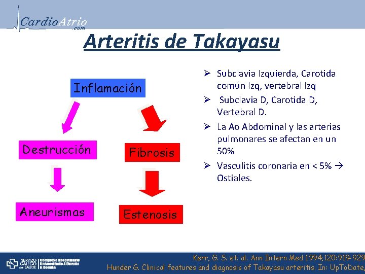 Arteritis de Takayasu Inflamación Destrucción Aneurismas Fibrosis Ø Subclavia Izquierda, Carotida común Izq, vertebral