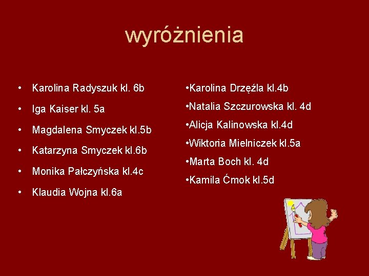 wyróżnienia • Karolina Radyszuk kl. 6 b • Karolina Drzęźla kl. 4 b •