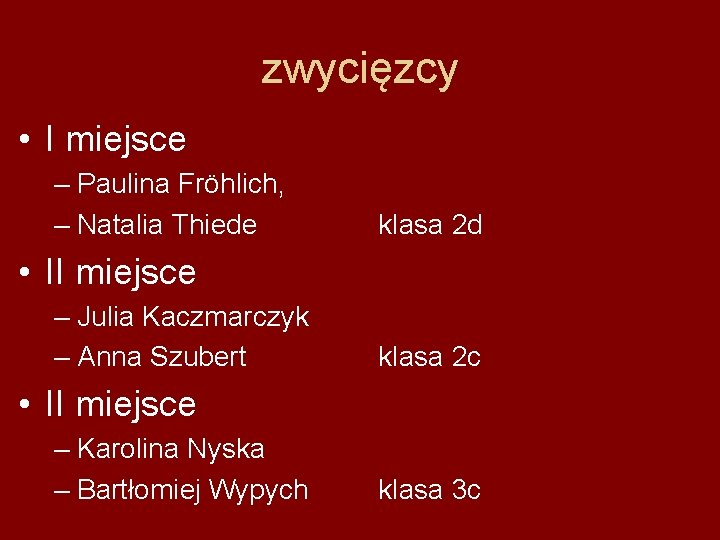 zwycięzcy • I miejsce – Paulina Fröhlich, – Natalia Thiede klasa 2 d •