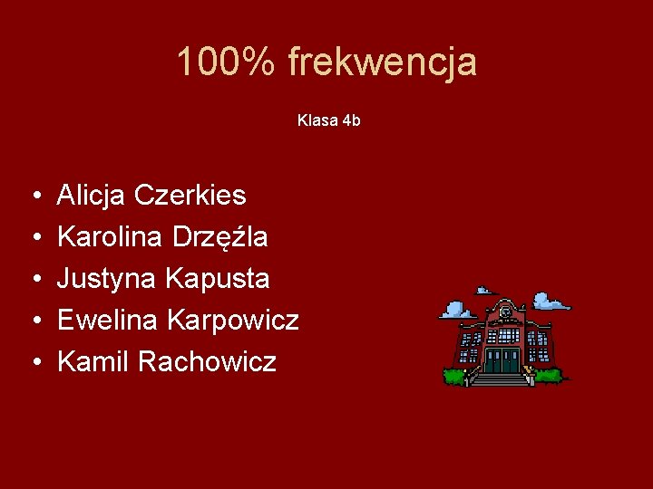 100% frekwencja Klasa 4 b • • • Alicja Czerkies Karolina Drzęźla Justyna Kapusta