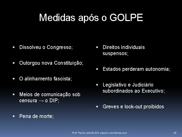 Medidas após o GOLPE Dissolveu o Congresso; Direitos individuais suspensos; Outorgou nova Constituição; Estados