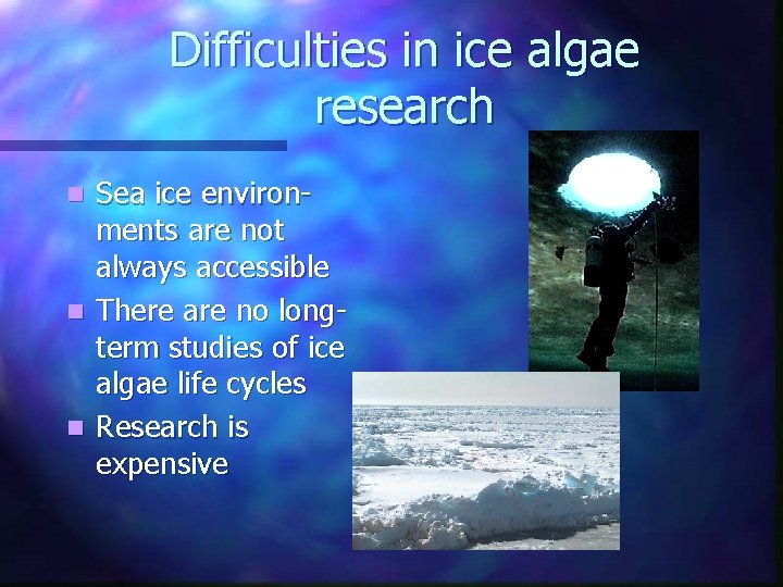Difficulties in ice algae research Sea ice environments are not always accessible n There Difficulties in ice algae research Sea ice environments are not always accessible n There