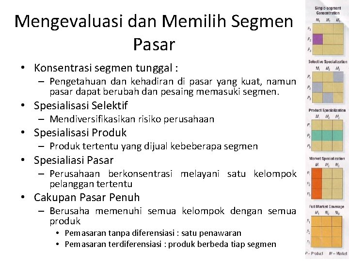 Mengevaluasi dan Memilih Segmen Pasar • Konsentrasi segmen tunggal : – Pengetahuan dan kehadiran