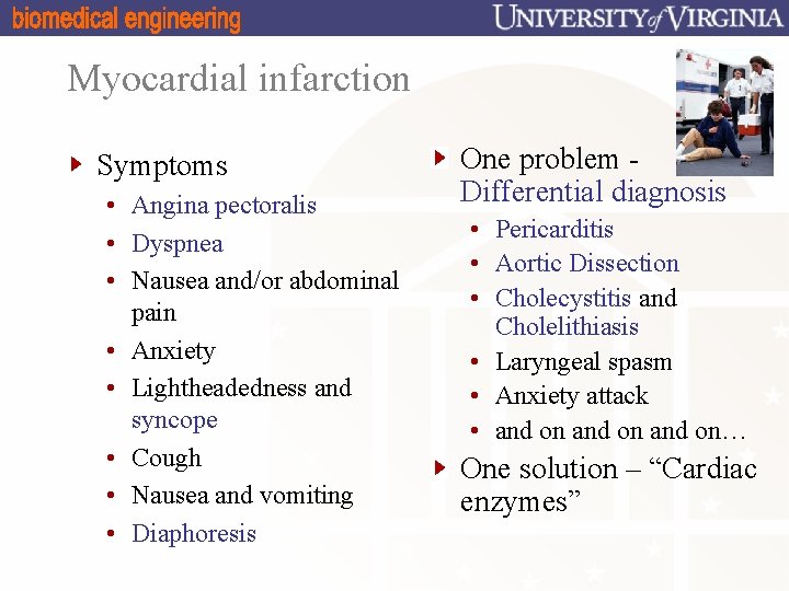 Myocardial infarction Symptoms • Angina pectoralis • Dyspnea • Nausea and/or abdominal pain •