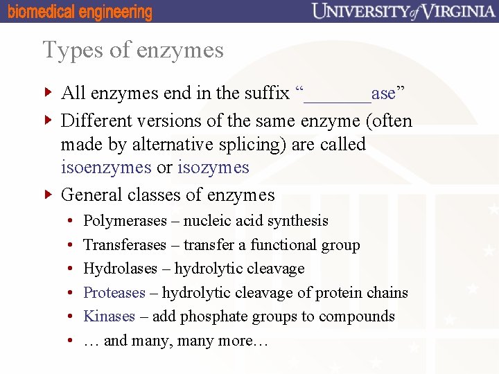 Types of enzymes All enzymes end in the suffix “_______ase” Different versions of the
