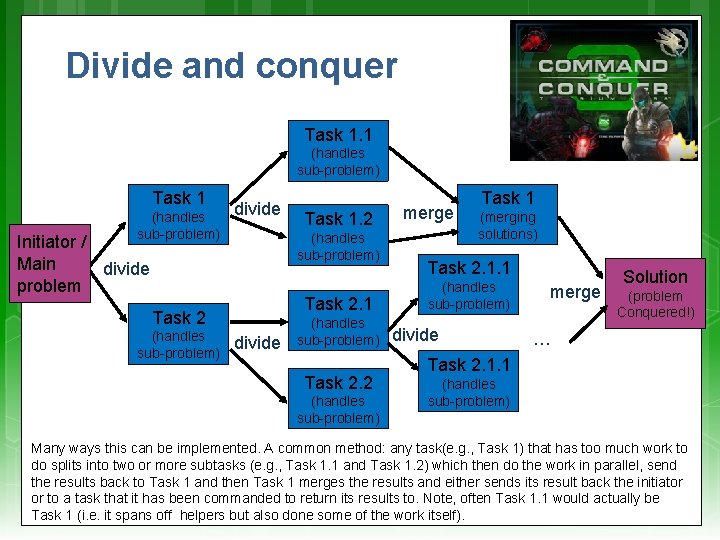 Divide and conquer Task 1. 1 (handles sub-problem) Task 1 (handles sub-problem) divide (handles