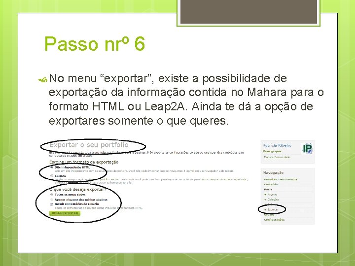 Passo nrº 6 No menu “exportar”, existe a possibilidade de exportação da informação contida