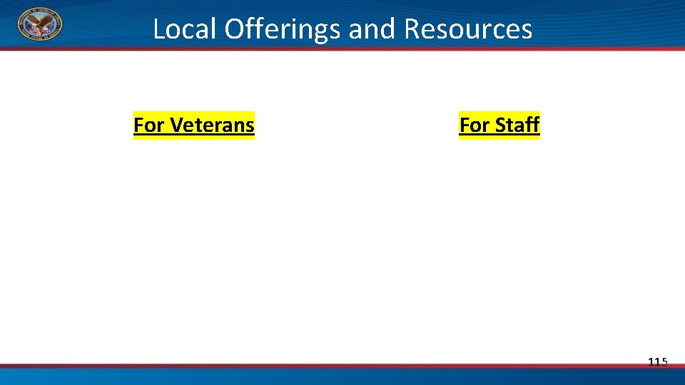 Local Offerings and Resources For Veterans For Staff 115 