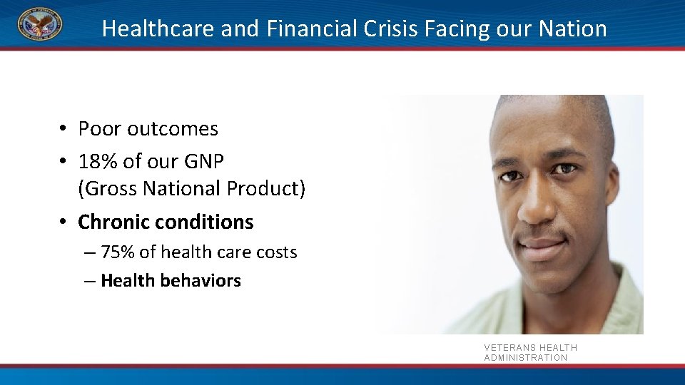 Healthcare and Financial Crisis Facing our Nation • Poor outcomes • 18% of our