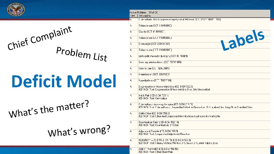 t n i a mpl o C f ie Ch Problem List Deficit Model