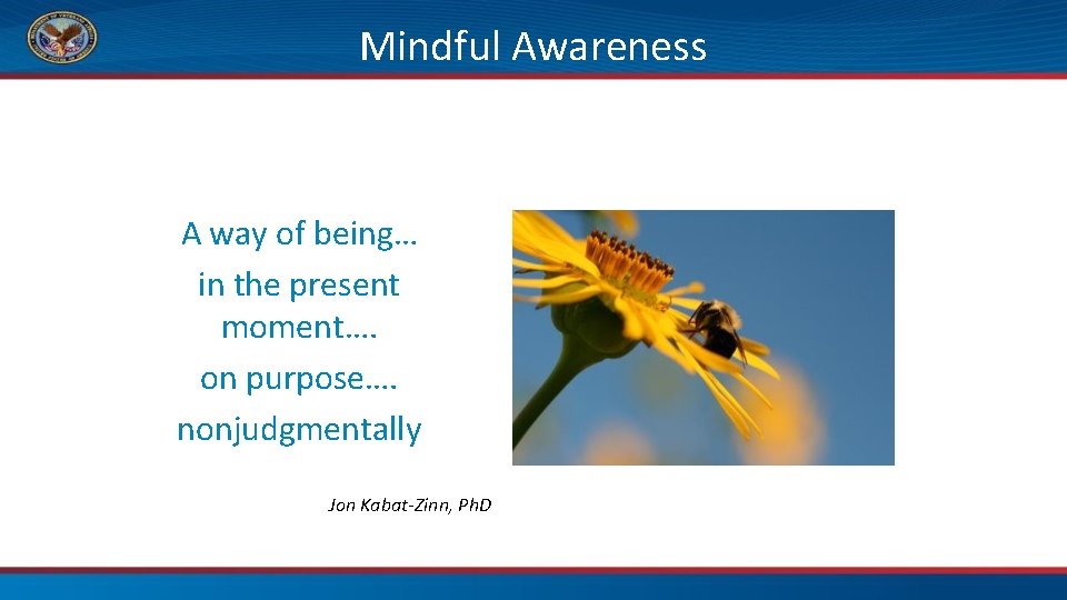 Mindful Awareness A way of being… in the present moment…. on purpose…. nonjudgmentally Jon