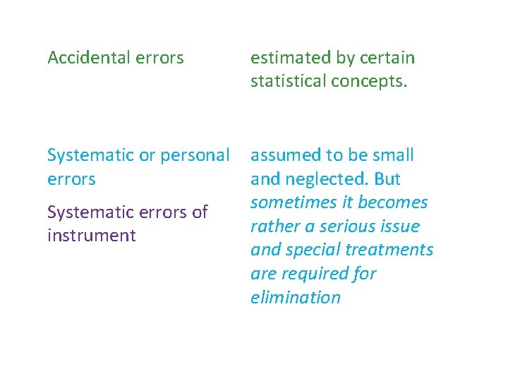 Accidental errors estimated by certain statistical concepts. Systematic or personal errors assumed to be