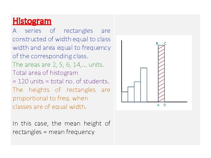 Histogram: A series of rectangles are constructed of width equal to class width and