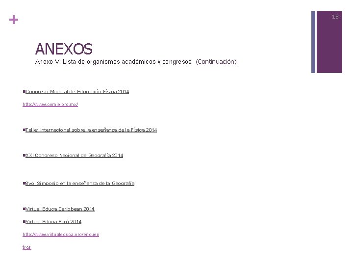 + 18 ANEXOS Anexo V: Lista de organismos académicos y congresos (Continuación) INFORMACIÓN COMPLEMENTARIA
