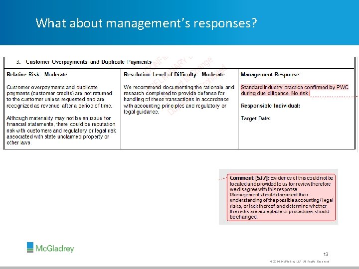 What about management’s responses? 13 © 2014 Mc. Gladrey LLP. All Rights Reserved. 