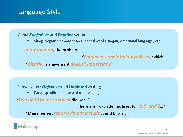 Language Style Avoid Subjective and Emotive writing - Slang, negative connotations, loaded words, jargon,
