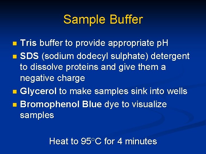 Sample Buffer Tris buffer to provide appropriate p. H n SDS (sodium dodecyl sulphate)